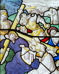 Sixteenth-century stained glass of Christ Carrying the Cross at Llanwenllwyfo.